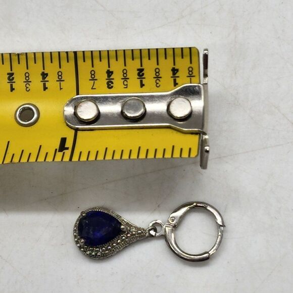 Pendant Necklace Blue Teardrop Stone Inlaid in Silver Tone Metal Art Deco Stylin - Picture 4 of 4